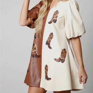 Two-Tone Cream & Brown Mini Dress with Sequin Boot Appliqués